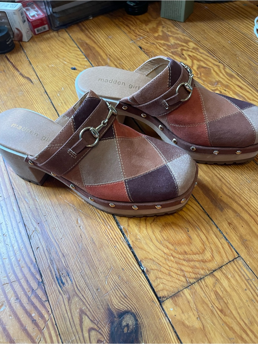 NWOB Madden girl patchwork suede clogs size 8. Excellent condition